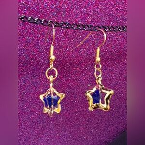 Gold Star Earrings with saphire blue crystal Accents